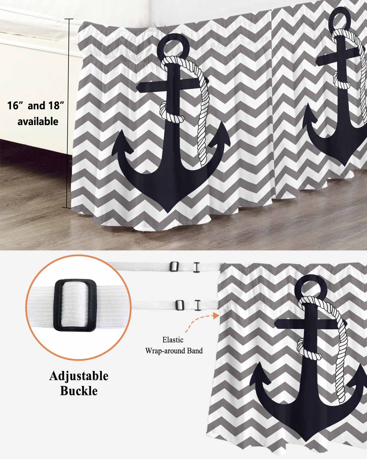 Grey Zigzag Wrap Around Bed Skirts for Queen Bed 16" Drop, Bed Skirt with Adjustable Elastic Belt Dust Ruffle Bed Valance for Bedroom Hotel Luxury Coastal Nautical Anchor Stripes Bed Frame Cover