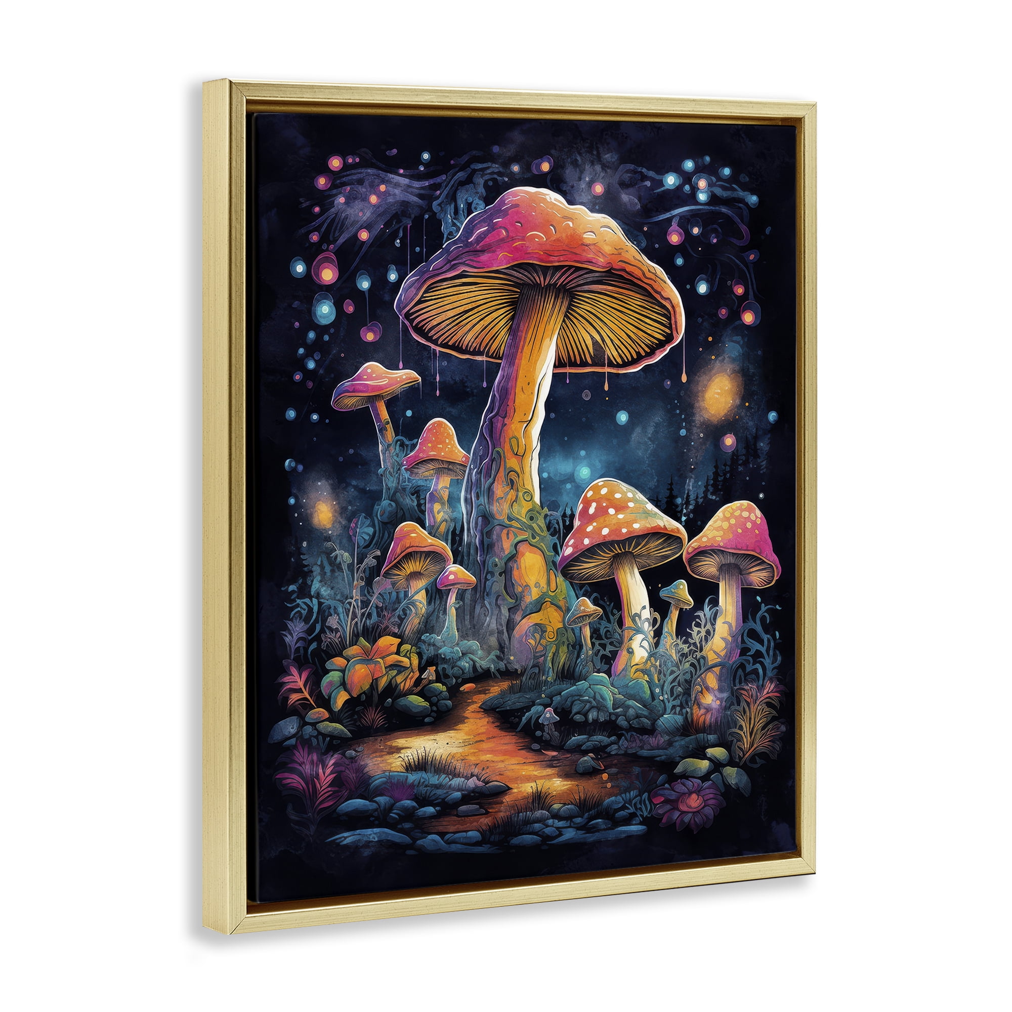Stupell Industries Psychedelic Mushrooms Nature Landscape & Nature Painting Gold Floater Framed Canvas Art Print Wall Art, 17 x 21