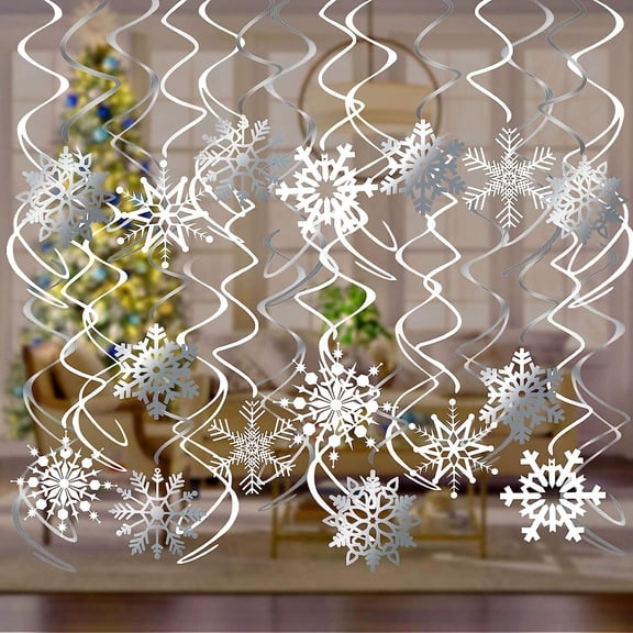 HOWAF Christmas Snowflake Hanging Swirl Decorations 30pcs, Snowflake Swirls Decoration Garland Foil Ceiling Ornaments for Xmas New Year Winter Wonderland Holiday Party Decor