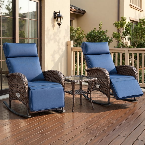 OPOHORO 54" Outdoor Wicker Rocking Chaise Lounge Set of 2 with Side Table, Adjustable Backrest, Blue Cushion Patio Recliner for Poolside or Backyard