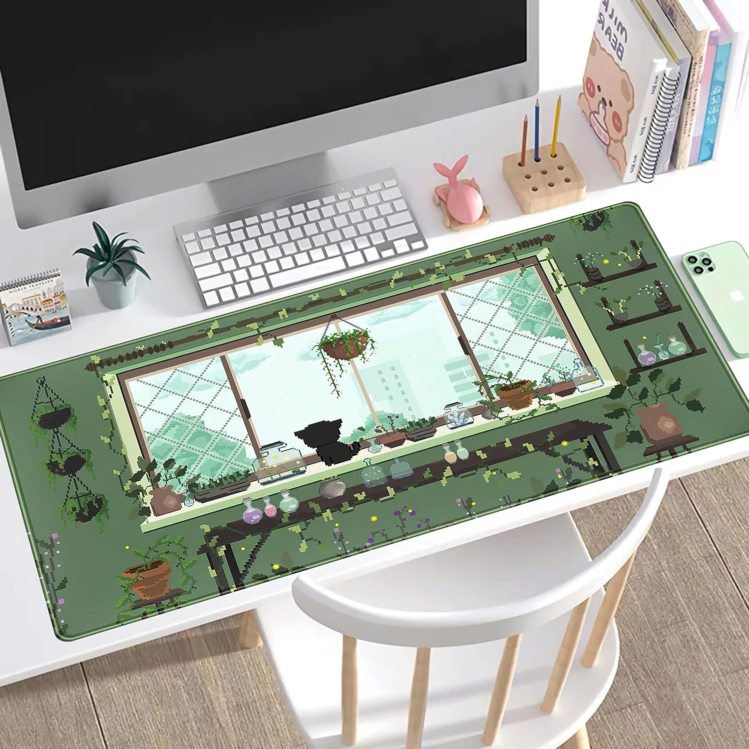 Cute Kawaii Green Plant Desk Mat Anime Aesthetic Mousepad Pixel Art XXL Large Gaming Mouse Pad Laptop Keyboard Mat Desk Pad 31.5x15.75 in, Office Home Decor for Women Girl