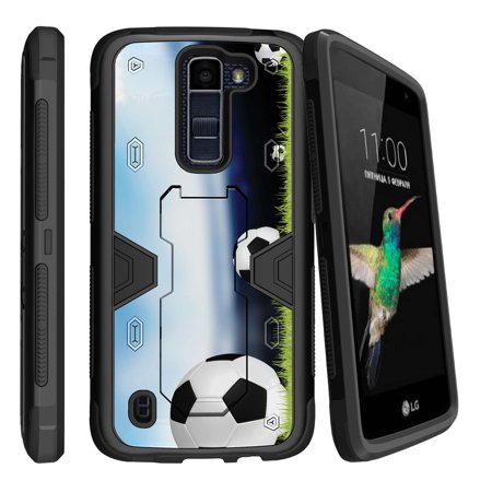 LG K7 | LG Tribute 5 Dual Layer Shock Resistant MAX DEFENSE Heavy Duty Case with Built In Kickstand - Soccer Balls in