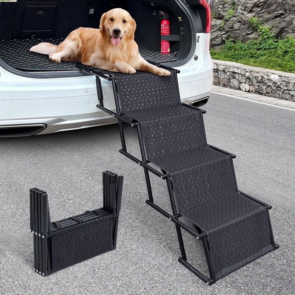 4 Step Dog Stairs for Car, Folding Dog Steps with Non-Slip Surface for Cars, SUV, High Beds and Trucks