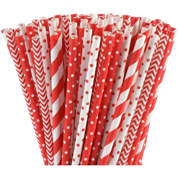Biodegradable Red Paper Straws Bulk - 100 Dots/Stripes/Waves Straws for Beverage, Christmas, Holiday, Birthday, Wedding, Baby/Bridal Shower, Party and Decoration