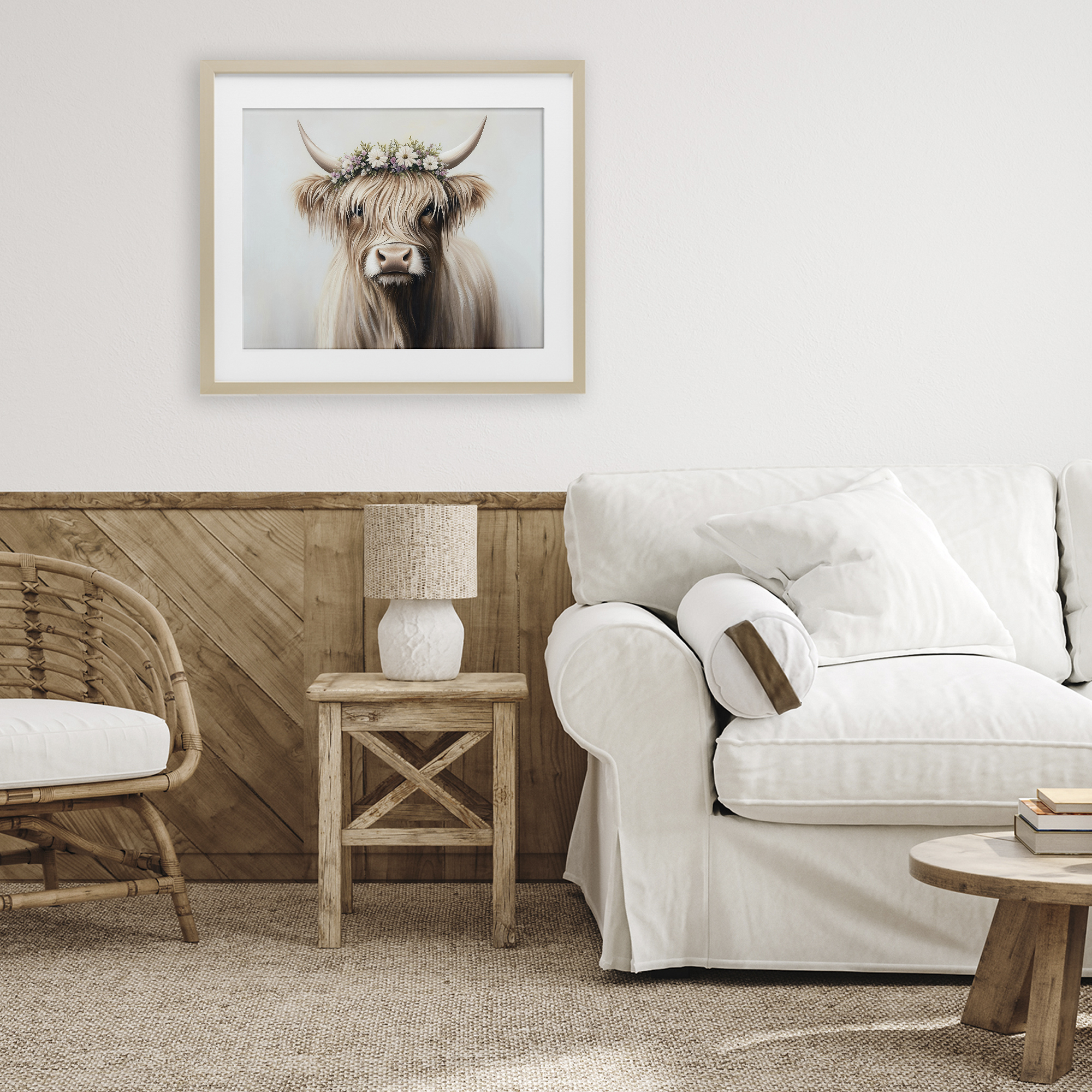 Shaggy Cattle Floral Crown Birch Framed Print Under Glass, design by Shawna Stewart