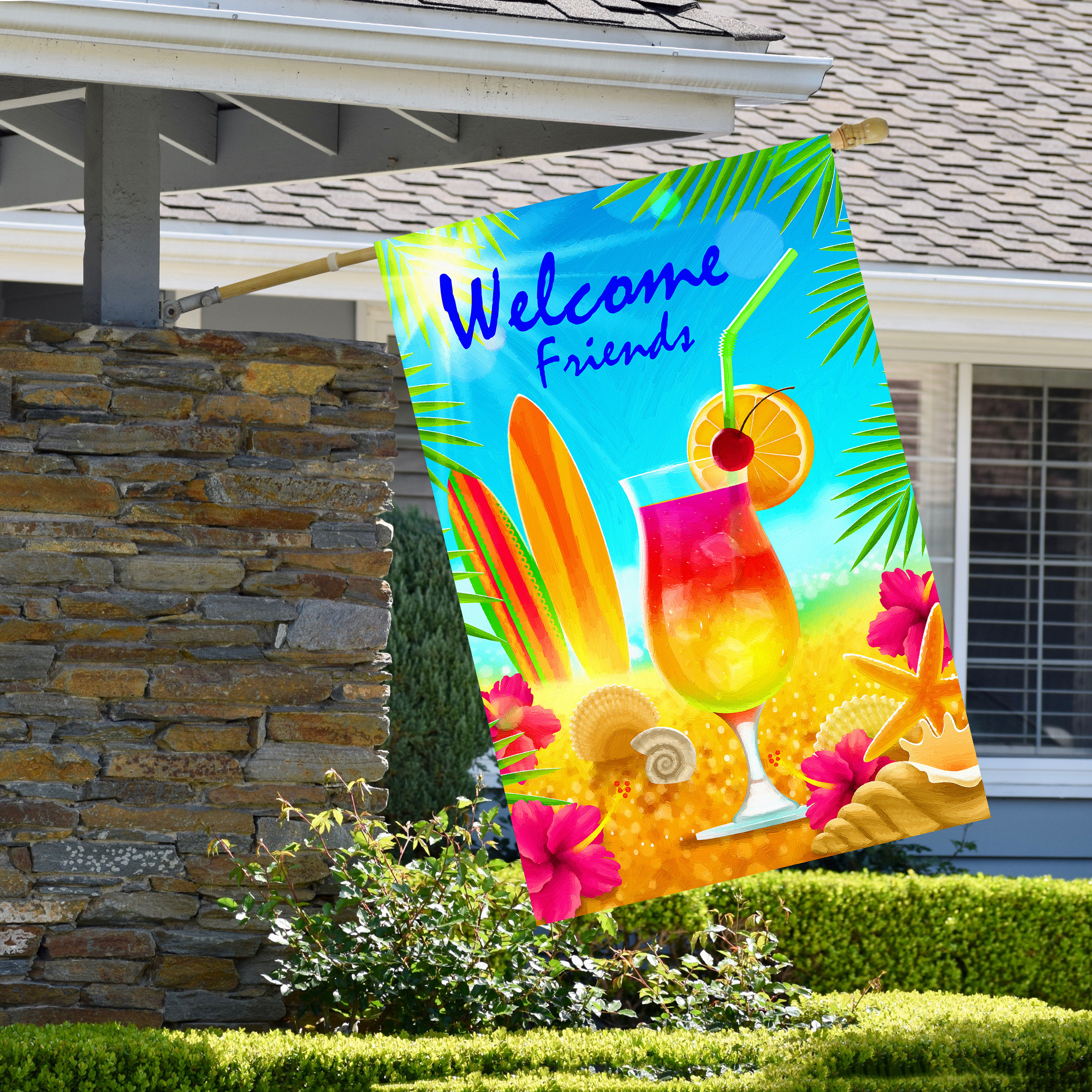 Hello Summer Tropical Beach Outdoor House Flag 28" x 40"