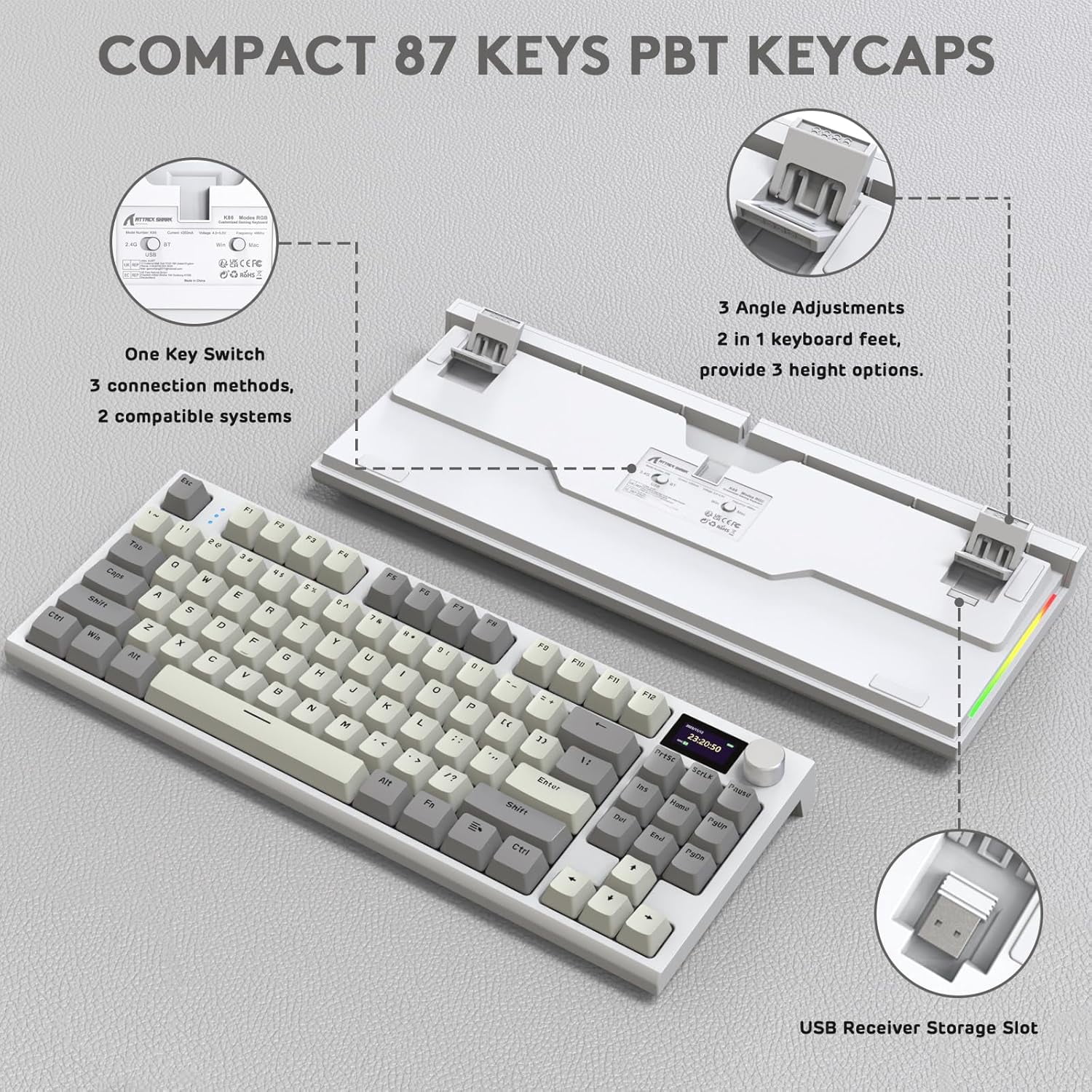 ATTACK SHARK K86 RGB 75% Wireless Gasket Mechanical Keyboard,82 Keys Hot Swappable,4000mAH Battery/CNC Knob & 1.2''HD OLED Digital Display,Custom Linear Switches& Detachable Coiled Cable- Gray