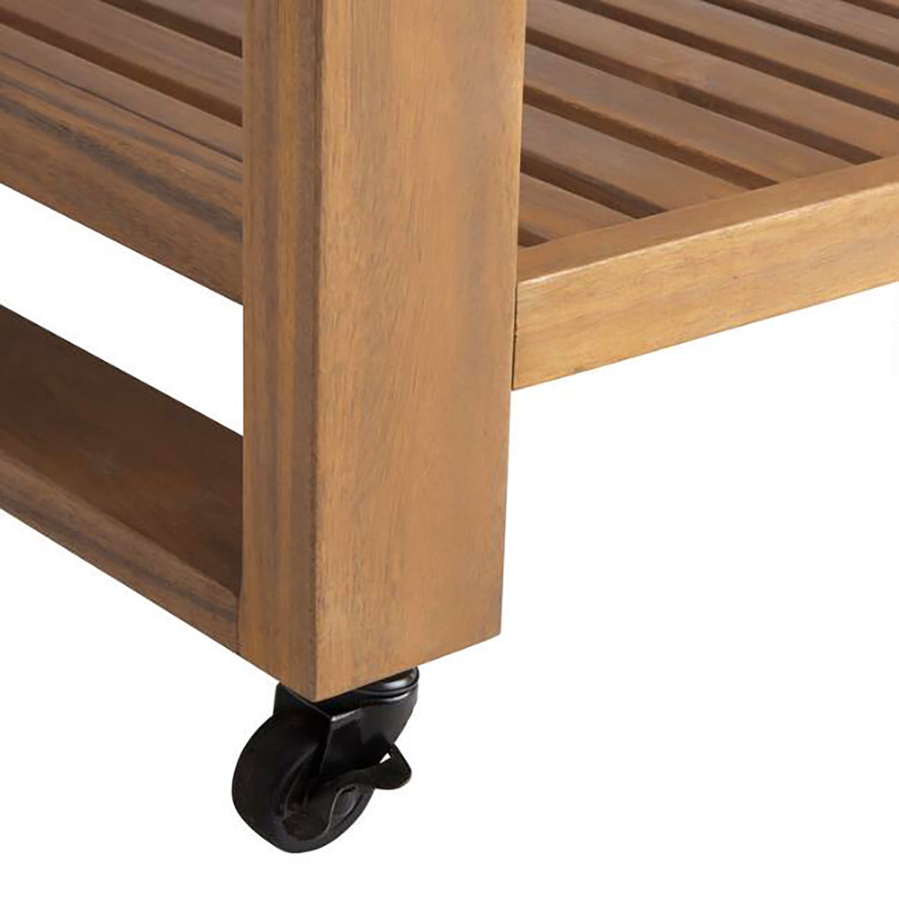 Linon Cormeer Outdoor Island Slatted Surface Teak Kitchen Island Wheels and Locking Casters, Natural