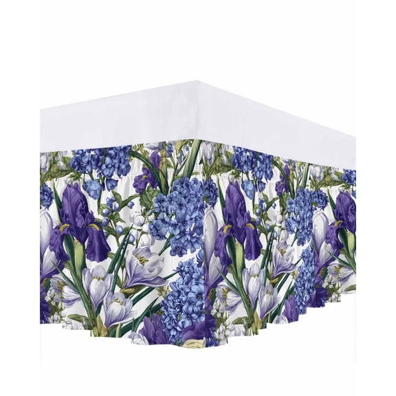 Spring Flower Bed Skirt King Size 18 Inch Drop, Retro Blue Hydrangea Purple White Floral Green Leaf Adjustable Elastic Dust Ruffles Bedskirt for King Bed Wrap Around Pleated Mattress Frame Cover