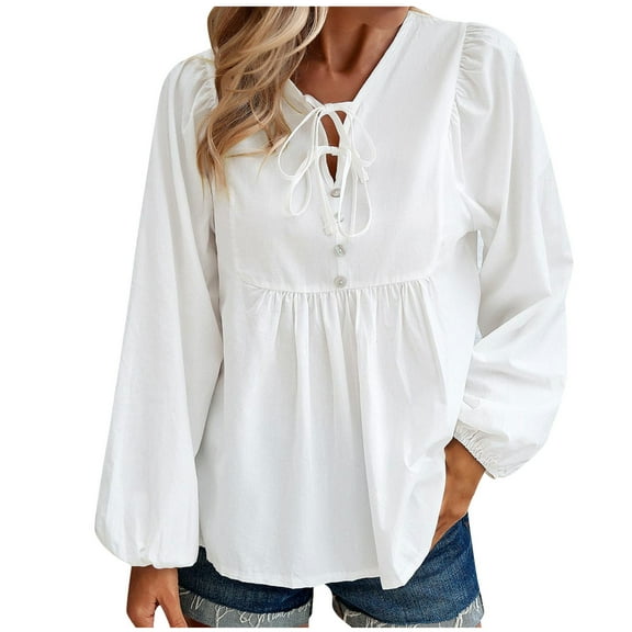 Elegant Drawstring Long Sleeve Cotton Linen Blouses Womens Buttons Casual Loose Pleated Shirts Solid Pullover Tops White,XL