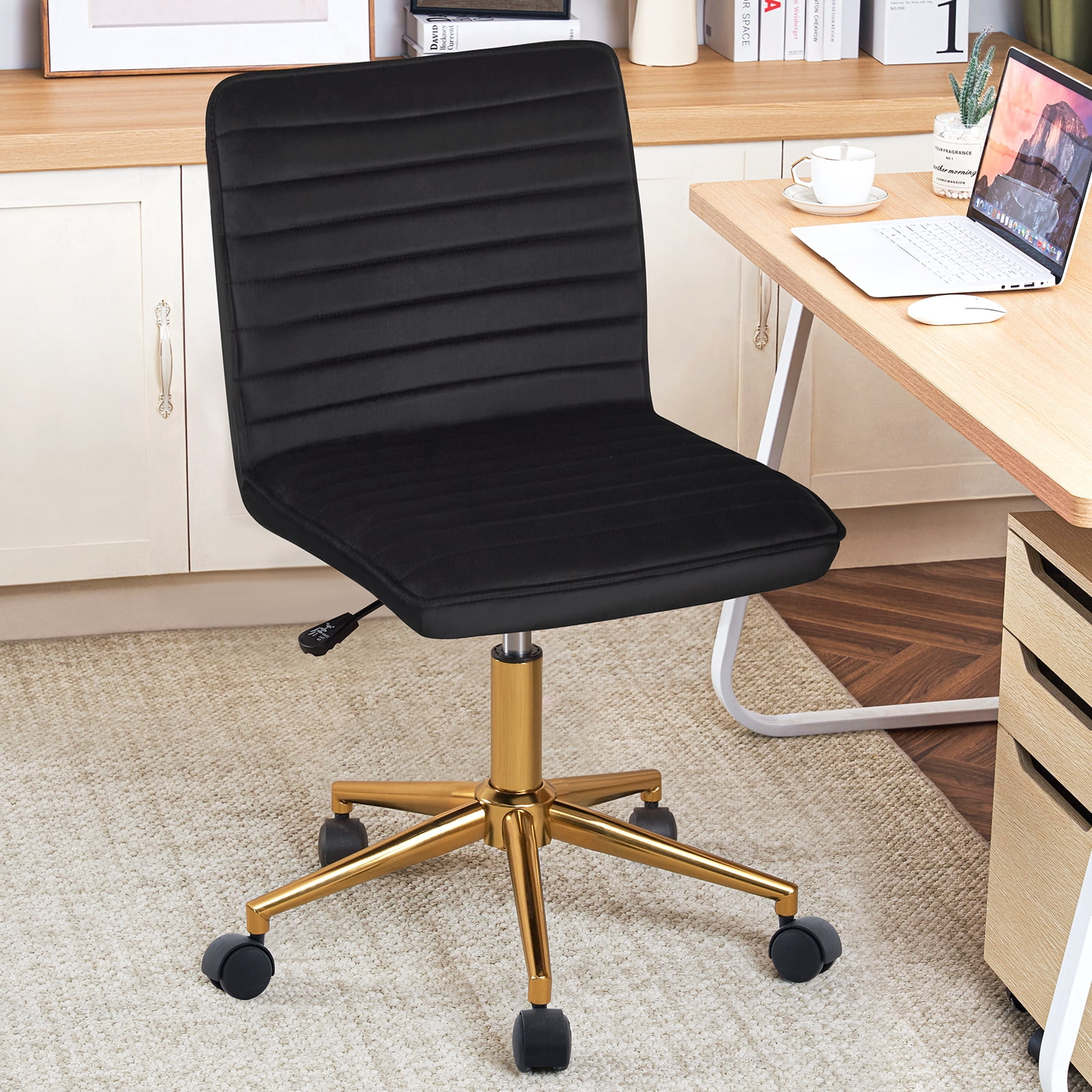 Furniliving Mid-Back Armless Desk Chair, Velvet Swivel Office Chair,Adjustable Rolling Computer Chair for Living Room, Black