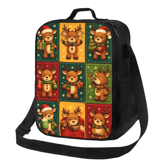 Christmas Reindeer Lunch Bag Insulated Thermal Lunch Box with Shoulder Strap & Handle for Women and Men