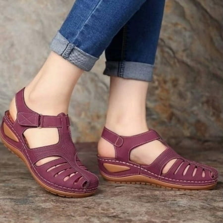 

Ecqkame Women s Wedges Sandals Clearance Soft Imitation Leather Closed Toe Vintage Anti-Slip Sandals For Women High-quality Purple 39