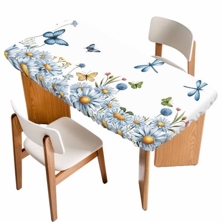 White Daisy Blossom Table Cloths for 4 Foot Rectangle Tables Spring Graden Floral Butterflies Patio Waterproof Elastic Fitted Tablecloths Washable Rectangular Table Cover for Camping