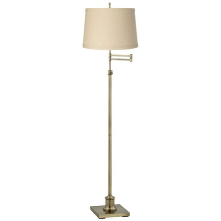 Adjustable Swing Arm 360 Lighting Modern Floor Lamp Adjustable Swing Arm Antique Brass Burlap Drum Shade for Living Room Reading Bedroom Office ()