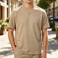 thumbnail image 2 of Fwqbns Men's Notch Neck T-Shirt Short Sleeve Split Crew Neck Tee Minimalist Solid Color Casual Summer Top Beige, 2 of 5