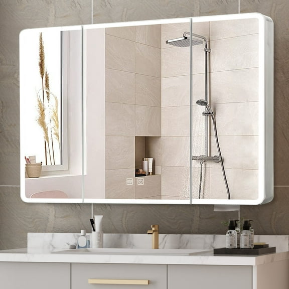 Jarbalai LED Lighted Medicine Cabinet, 3 Doors Aluminum Mirror Cabinet with Defogger & Shelves