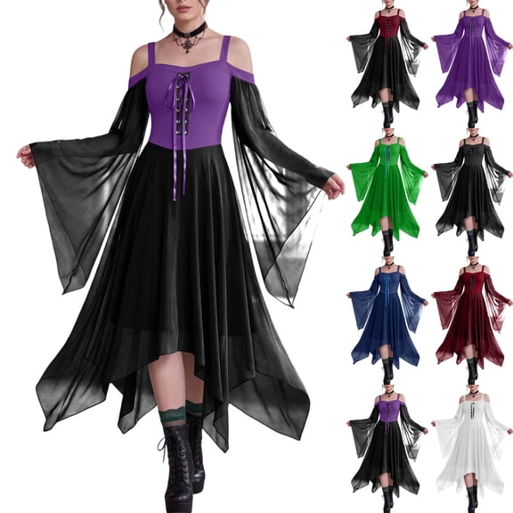 UDAUDU Women Witch Dress Halloween Dresses Woman Renaissance Medieval Vampire Butterfly Sleeve 2026 Halloween Costumes Mesh Gothic Outfit Dark Purple 2XL