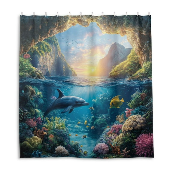 Dolphin and Ocean Shower Curtain Liner 66x72 Inch Waterproof Shower Curtains Decorative Bathroom with 12 Pack Hooks