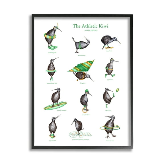 Stupell Industries Athletic Kiwi Various Exercises Bird Drawings Chart Graphic Art Black Framed Art Print Wall Art, Design by Amelie Legault