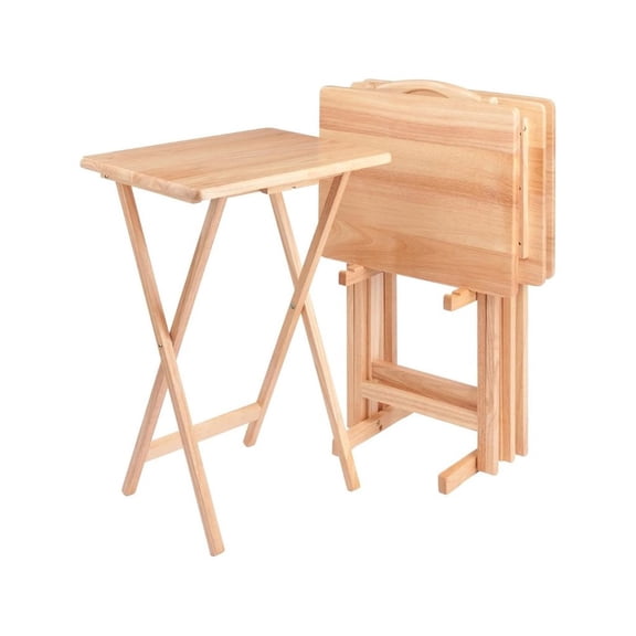 FurniFact 5-PC Folding Tray Table Set, Natural Solid Wood, Portable Rack