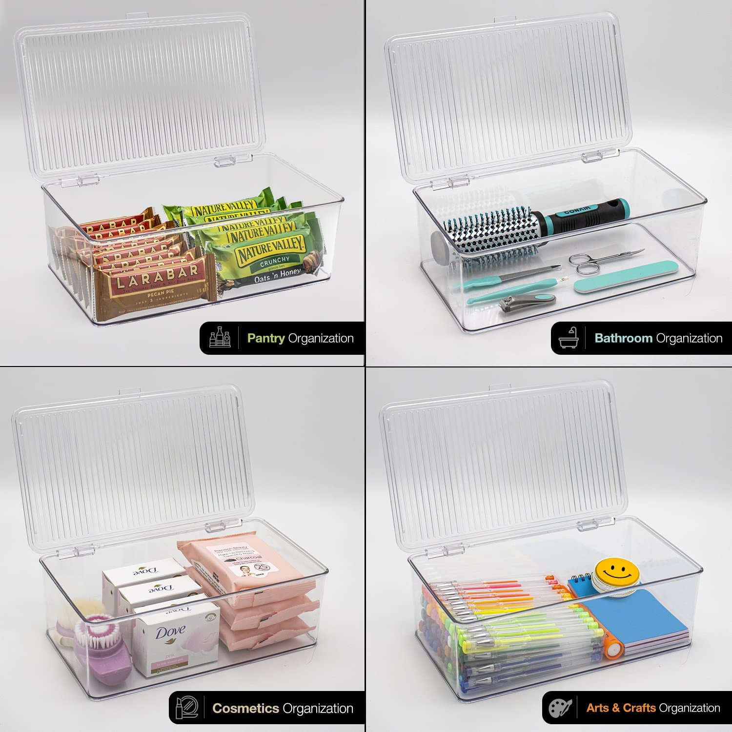 Sorbus Organizer Bins with Attached lids | Kitchen Pantry Organization Storage Bins, Small Clear Storage Box for Fridge | Food Storage Containers for Organizing, Cabinet Organizers (2-Pack, Medium)