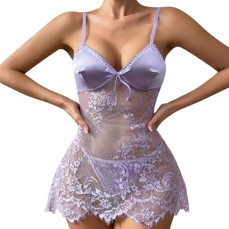 Oplxuo Women s Sexy Underwire Sheer Lace Satin Patchwork Nightgown Exotic Babydoll Lingerie Chemise with Panty