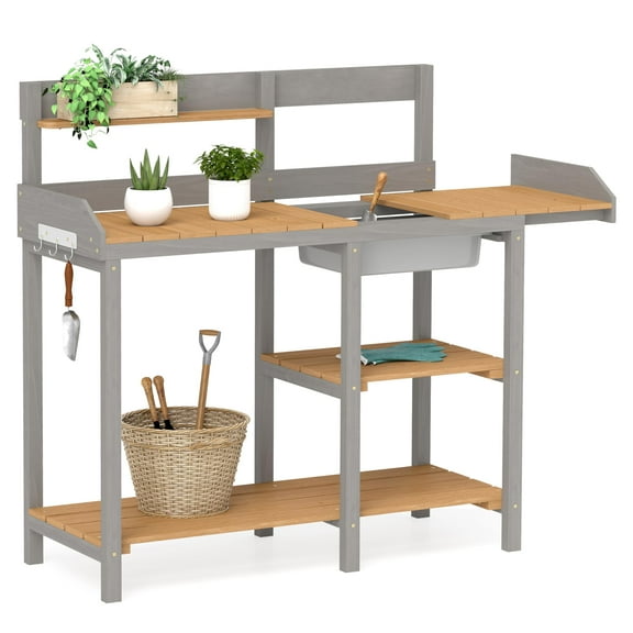 Wooden Potting Bench Table with Sink, Outdoor Garden Table Work Bench with Shelf, Workstation for Outside Patio Lawn