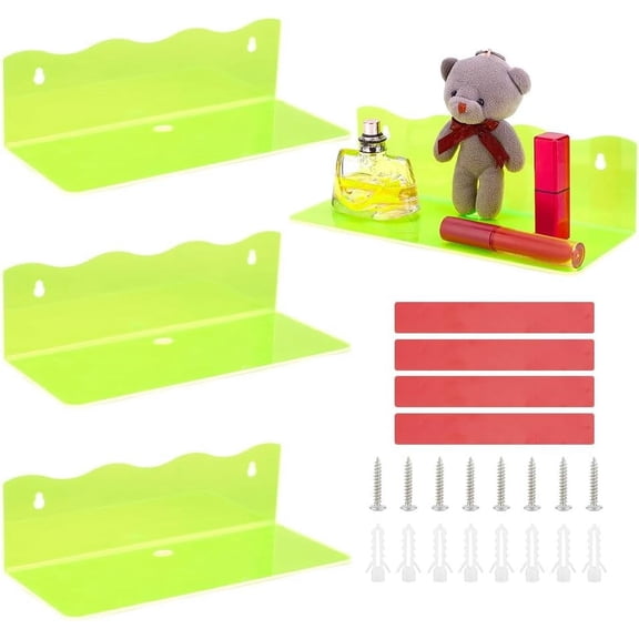 Acrylic Wall Mounted Display 4 Sets Fluorescent Green Floating Shelf Wall Hanging for Storage Shelf Home Display Ledges for Kitchen Bathroom Collectibles Living Room 9.8x4x2.9 Inch diy