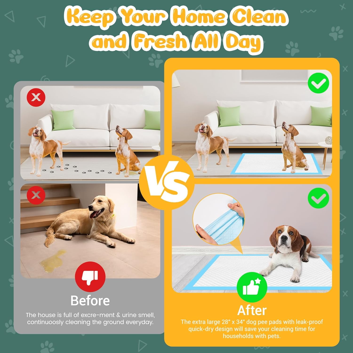 Dog Pee Pads Extra Large 24"x24", 100 Count Large Puppy Training Pads with Adhesive Tabs, 7 Layers Thick, Super Absorbent, Leak-Proof, Quick-Dry, Potty Pads for Dogs and Puppies