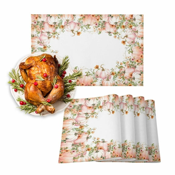 Fall Placemats Set of 4 Pink Pumpkin Place Mats Thanksgiving Placemat Sunflower Floral Table Mats for Dining Kitchen Table Holiday Dinner Party Home Fall Decorations 13x19 Inch
