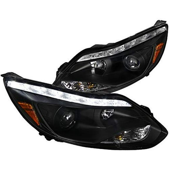 DRL LED Light Strip Projector Headlight Head Lamp Replacement in Matte Black Housing Clear Lens Made For And Compatible With 2012 - 2014 Ford Focus 12 13 14