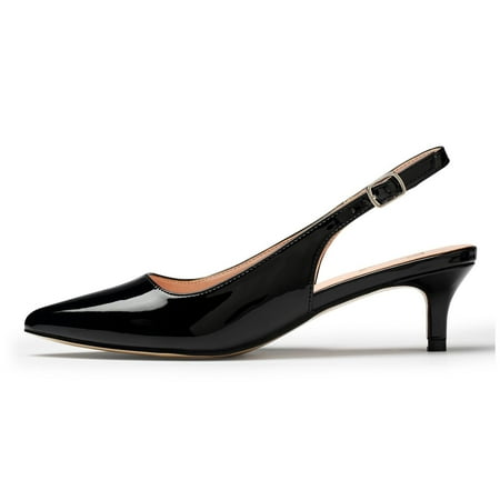 Women s Low Kitten Heel Slingback Ankle Strap Pump Pointed Toe Comfortable Formal Party Wedding Dress Shoes Patent Leather Black 7 Q