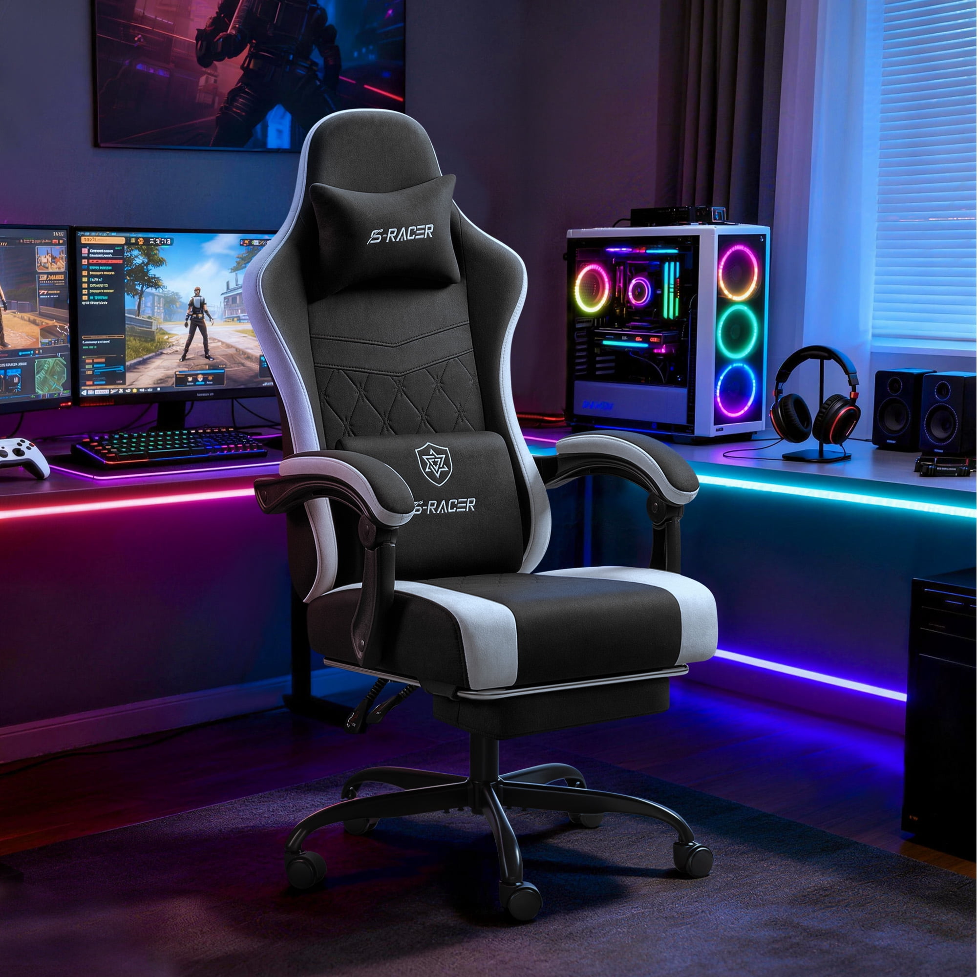Homall Reclining Gaming Chair Premium Technical Fabric Massage Video Game Chair with Headrest, Lumber Support and Footrest, Black