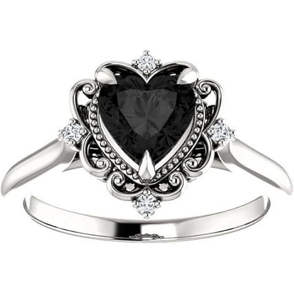 Dreamofdazzles Jewels 14K White Gold Plated 2.20 Ct Heart Cut Black Diamond Wedding Engagement Thanksgiving Christmas Vintage Halo Ring 925 Sterling Silver For Women's -4