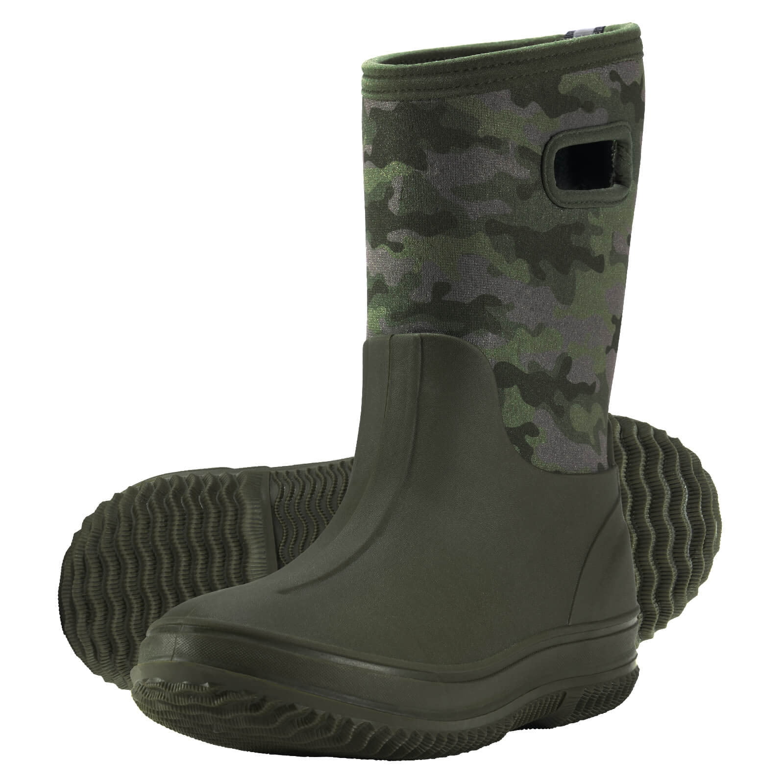 HISEA Kids Rain Boots for Boys Girls, Waterproof Insulated Rubber Neoprene Boots, Seamless Outdoor Boots with Handles Rainboot Mud Boots for Rain, Snow, Winter and Muck, Size 4BK Olive Green