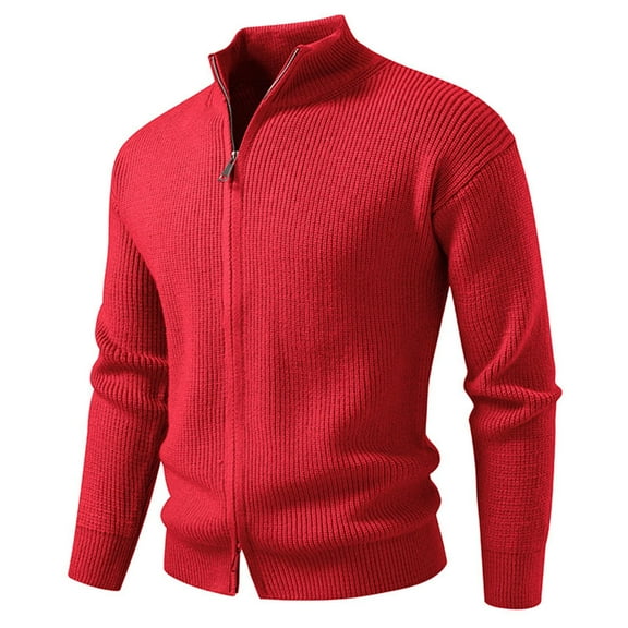Mens Cardigan Sweater Solid Color Knit Full Zip Up Slim Fit Fall Winter Warm Casual Sweaters Outerwear Coat (XL, Red)