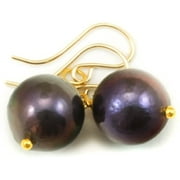 14k Gold Filled Freshwater Culture Pearl Earrings Black Peacock Pearls Large Round Simple Drops