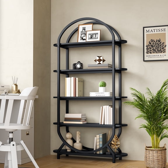 Casendy 72.83" Tall Arched Bookshelf, 5 Tier Bookcase Metal Frame Book Shelf Display Storage Shelves for Living Room, Home Office, Black (11.02"L x 40.94" W x 72.83 "H)