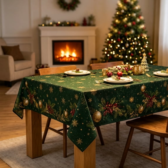 Christmas Decorations,Green Christmas Tablecloth 60x84Inch, Christmas Decorations Indoor, Washable Gold Snowflake Red Berry Table Cover for Party