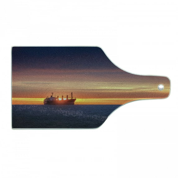 Nautical Cutting Board, Sunrise Horizon on the Sea with Sailing Logistic Cargo Ship Nautical Destination, Tempered Glass Cutting and Serving Board, Wine Bottle Shape, Blue Orange, by Ambesonne