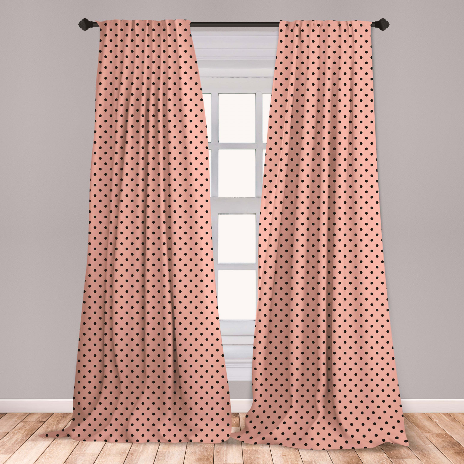 Peach Curtains 2 Panels Set, Traditional Black Polka Dots on Soft