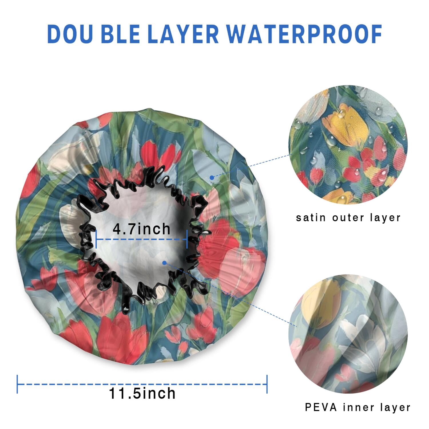 Shower Caps,Pioneer Flower Floral Print Pattern Waterproof Shower Cap for Women 4 Pieces,Double Reusable Hair Cover for Shower PEVA Elastic Stretch Hem