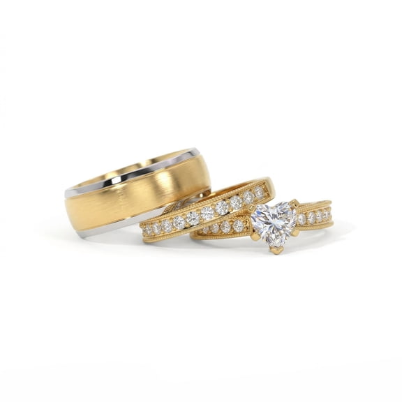 Couple Rings Matching Rings Yellow Gold Plated 1.5CT Heart AAA CZ Women Wedding Ring Sets for Him and Her Rings Men Tungsten Wedding Band