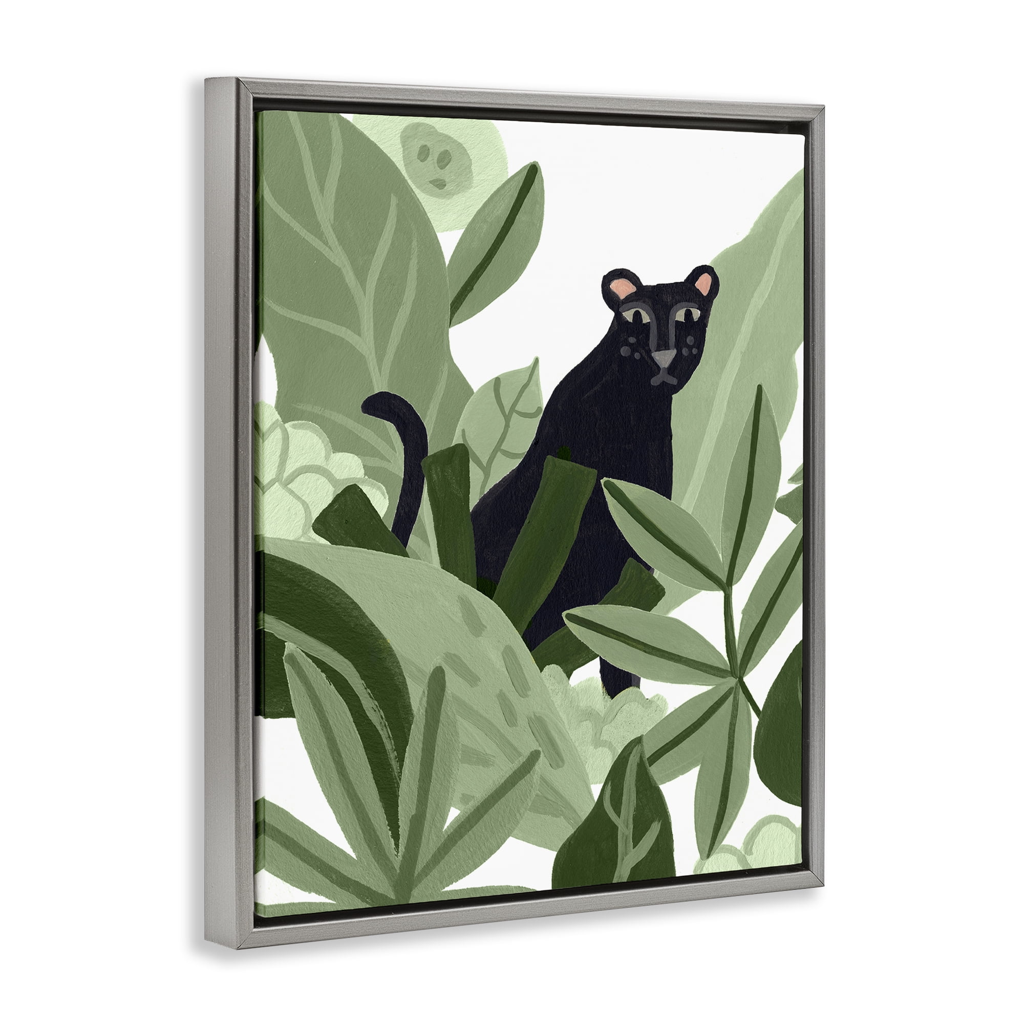Stupell Industries Panther in Tropical Leaves Plants & Flowers Painting Gray Floater Framed Canvas Art Print Wall Art, 25 x 31