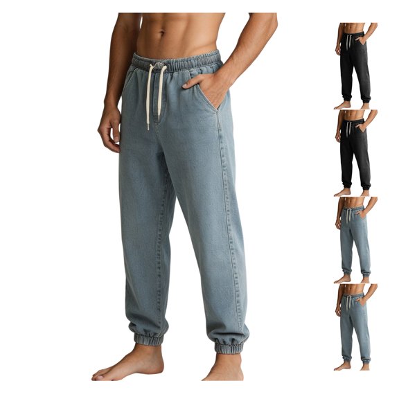 JTSRKL Mens Denim Jogger Pants Drawstring Elastic Waist Tapered Fit Baggy Loose Cargo Bottoms Flex Cuff Comfort Relaxed Trousers