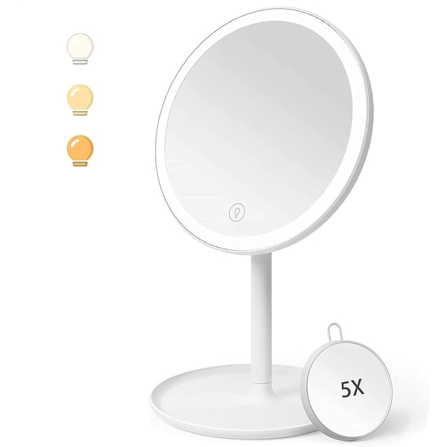 Espejo de maquillaje Espejo de tocador con luces,Luces regulables de 3 colores,Botón de sensor táctil,Aumento 5X,Círculo de encimera desmontable de belleza cosmética