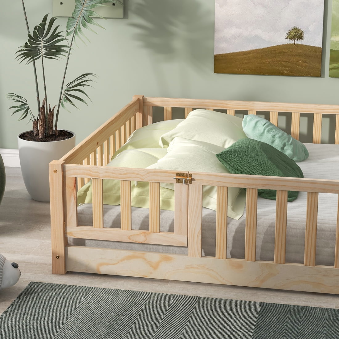 Full Size Floor Bed, Wood Platform Bed with Fence and Door, Montessori Bed Frame with Slats Support, Playhouse Bed with Door Design, Natural