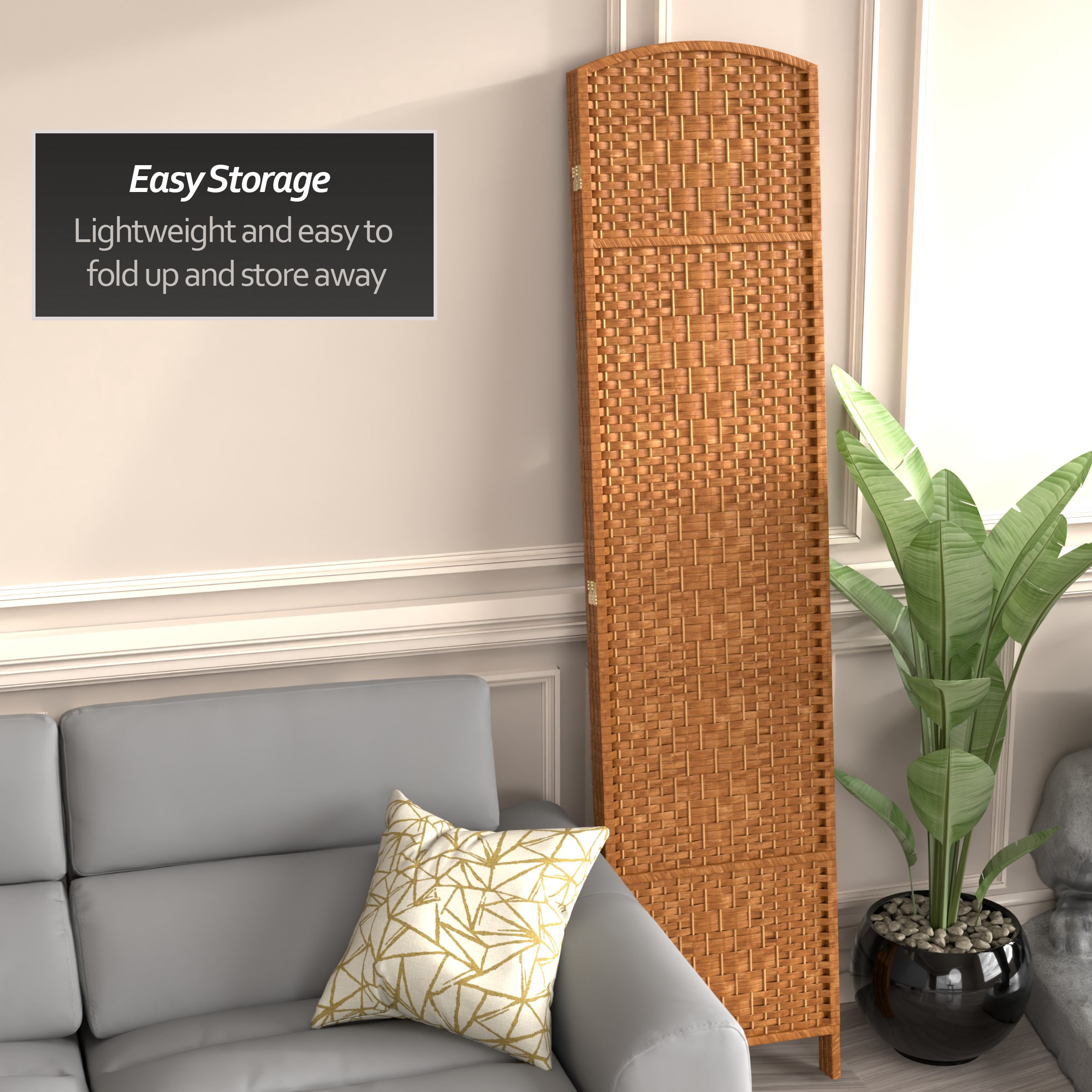 7 ft. Tall Rattan Fiber Diamond Weave Privacy Screen Room Divider - Dark Beige - 3 Panels