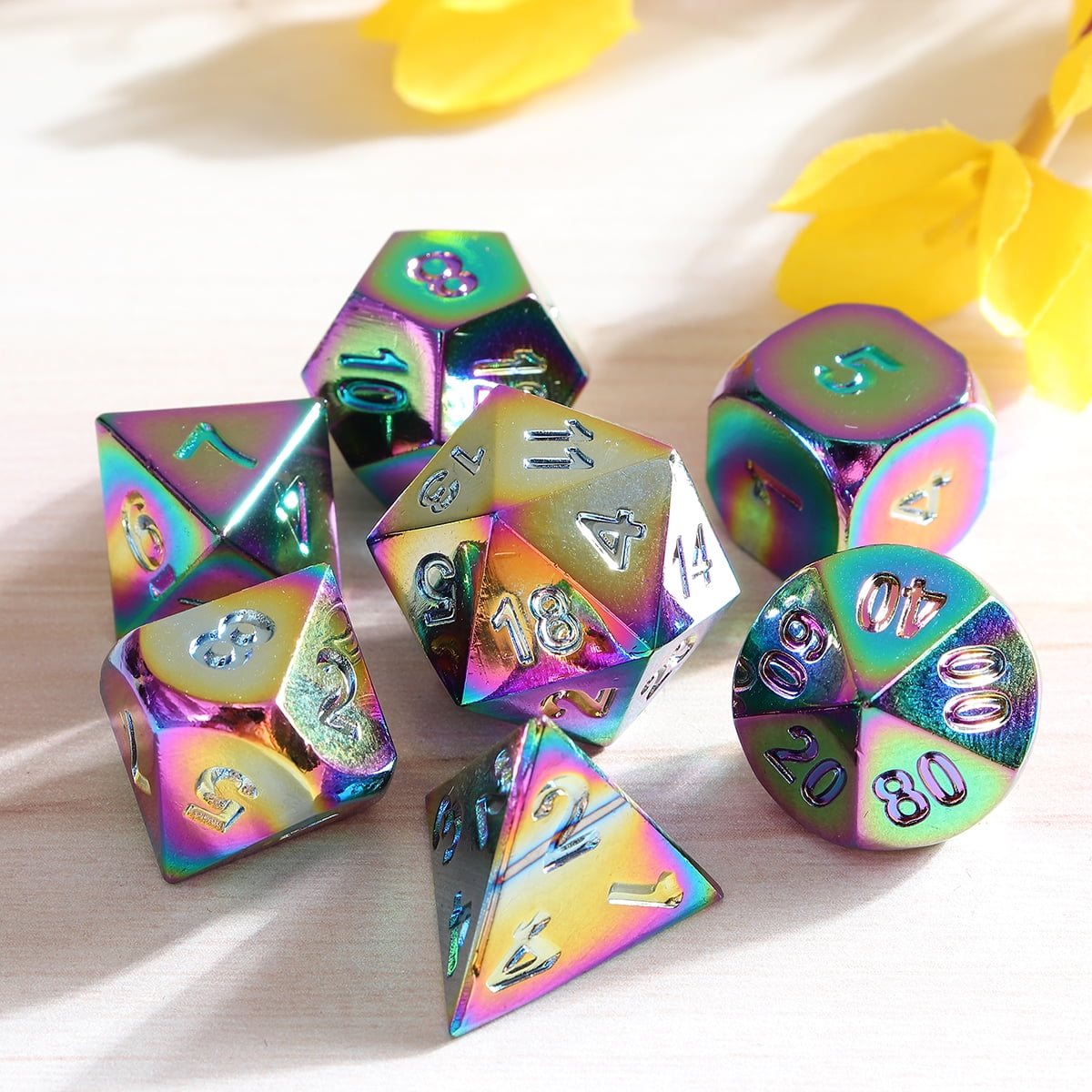 Rainbow Dice Set, 7Die Metal Polyhedral Dice Set for Dungeons & Dragons Role Playing Game